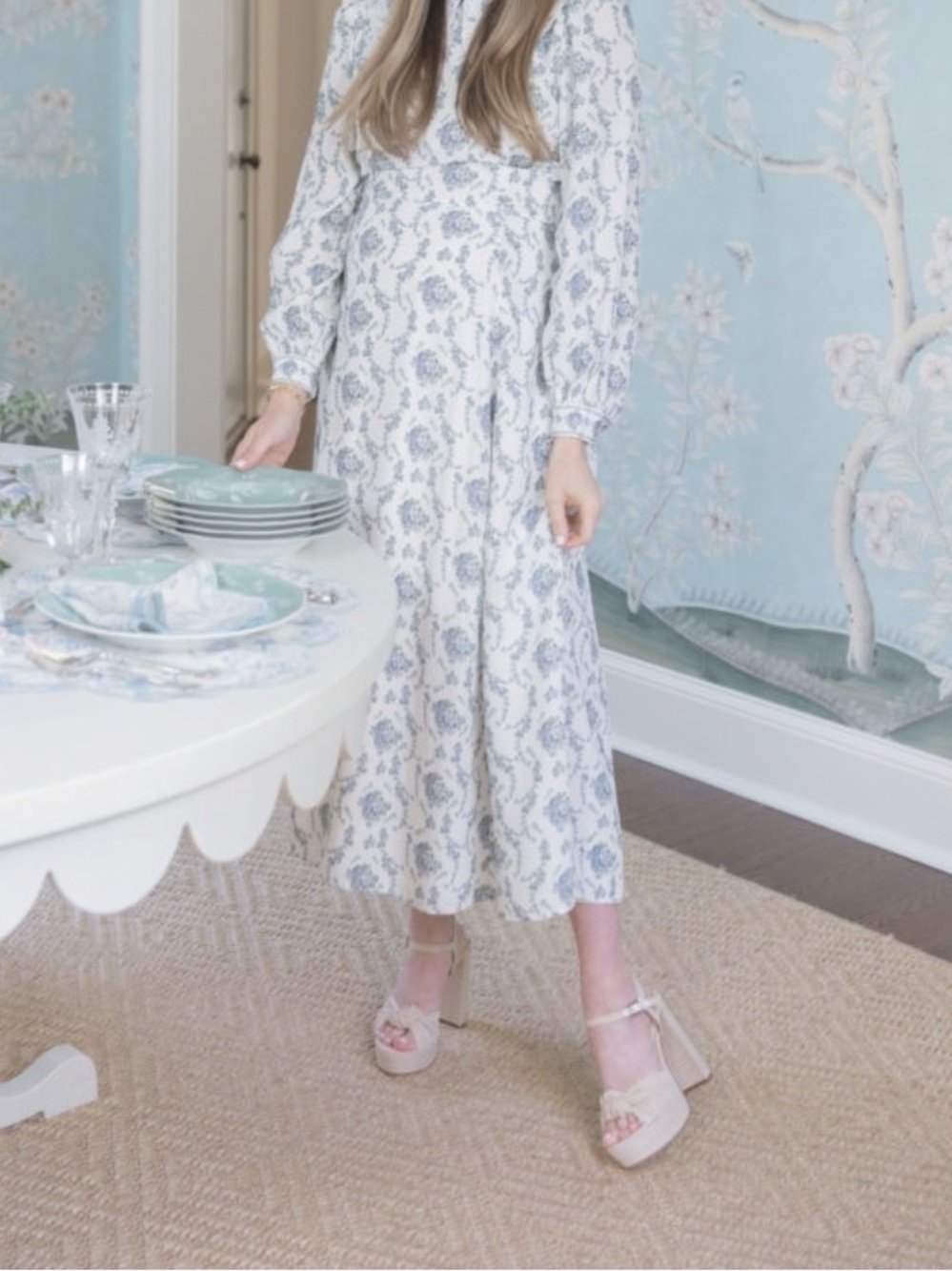 NWT ANTONIO MELANI BOF Blue and White Floral High-Neck Midi Dress